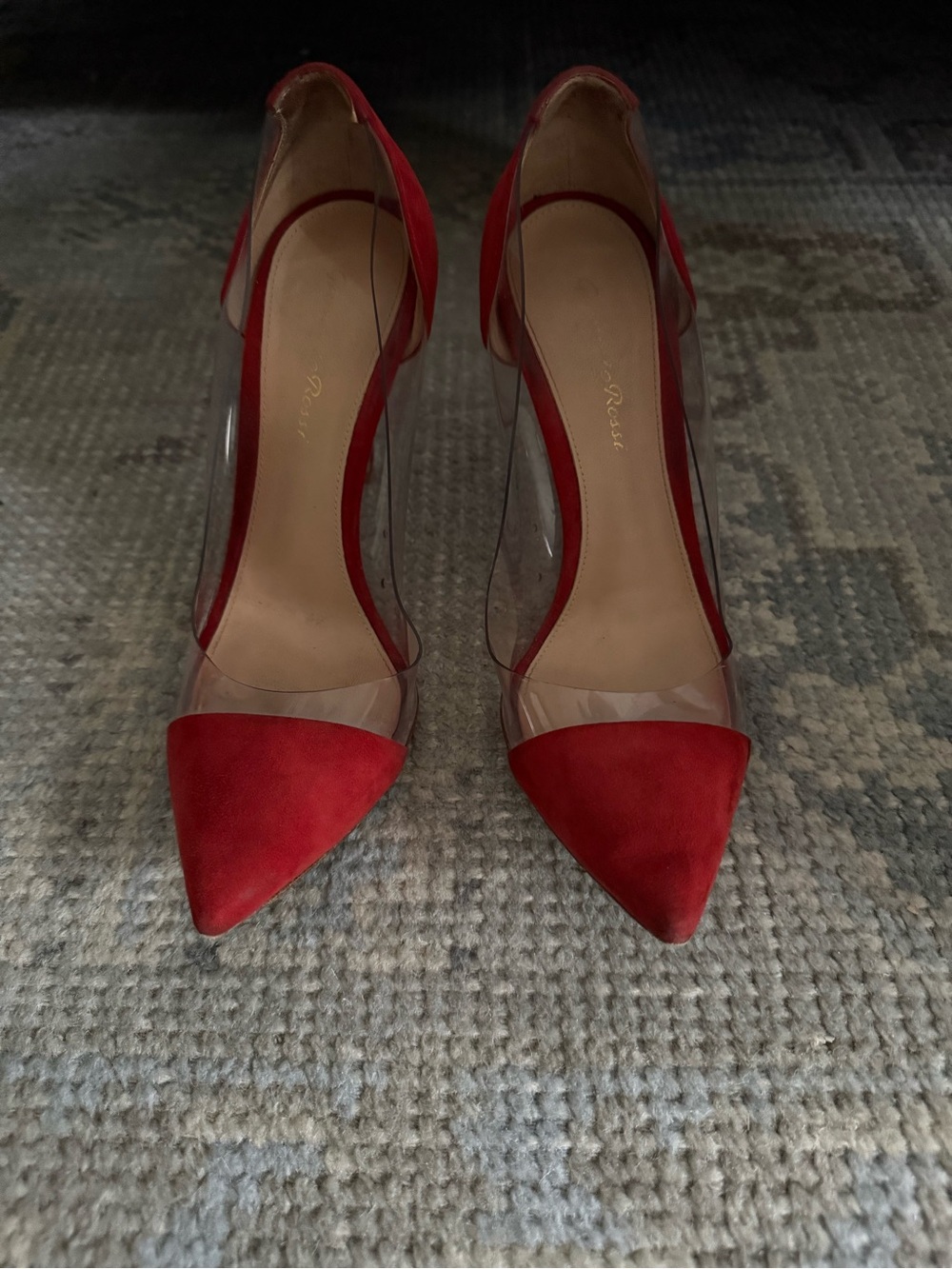 GIANVITO ROSSI PLEXI Red Pointed-Toe Clear-Panel Pumps - Women's - Picture 2 of 5
